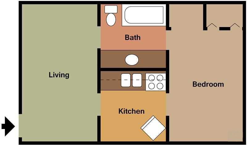 Floor plan for 1 bed, 1 bath, 540 sqft